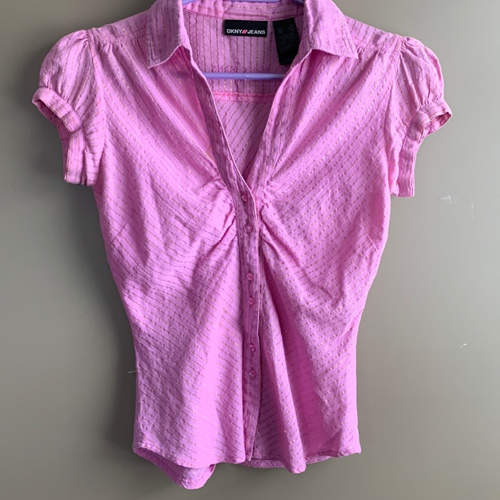 Y2K semi-sheer pink and gold blouse